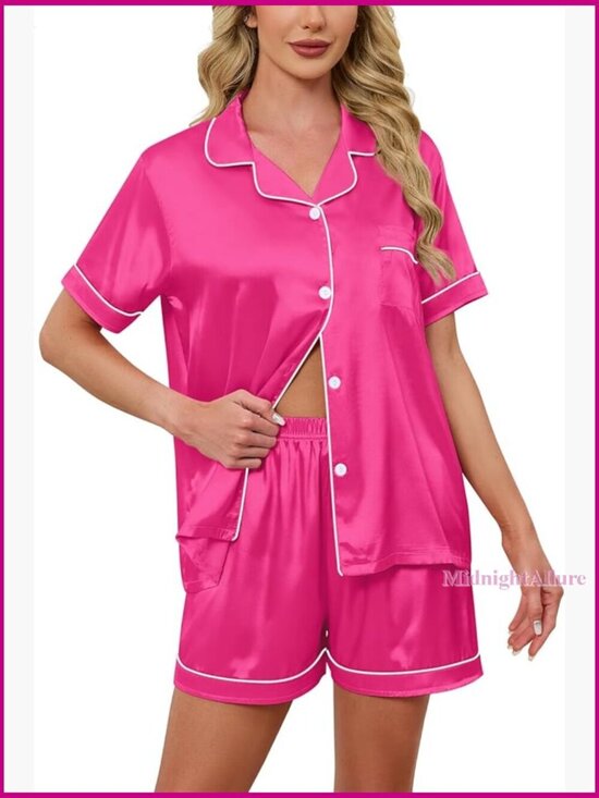 Other - Satin Pajama Set, Short Sleeve Button Down with Elastic Shorts, Size Small